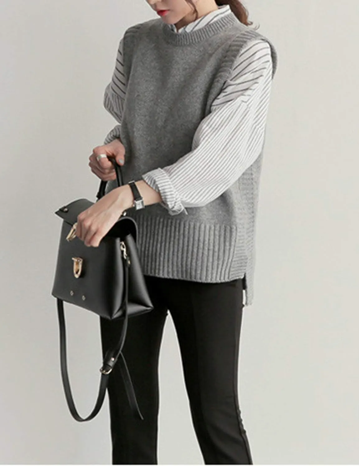 UANEO Women's Basic Round Neck Sleeveless High Low Pullover Knit Sweater Vest