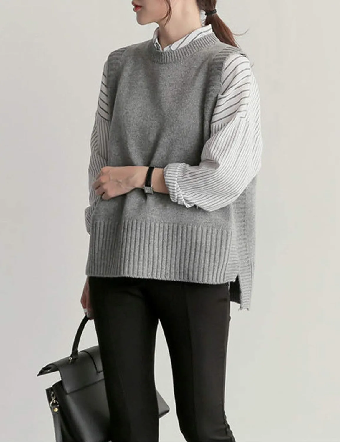 UANEO Women's Basic Round Neck Sleeveless High Low Pullover Knit Sweater Vest