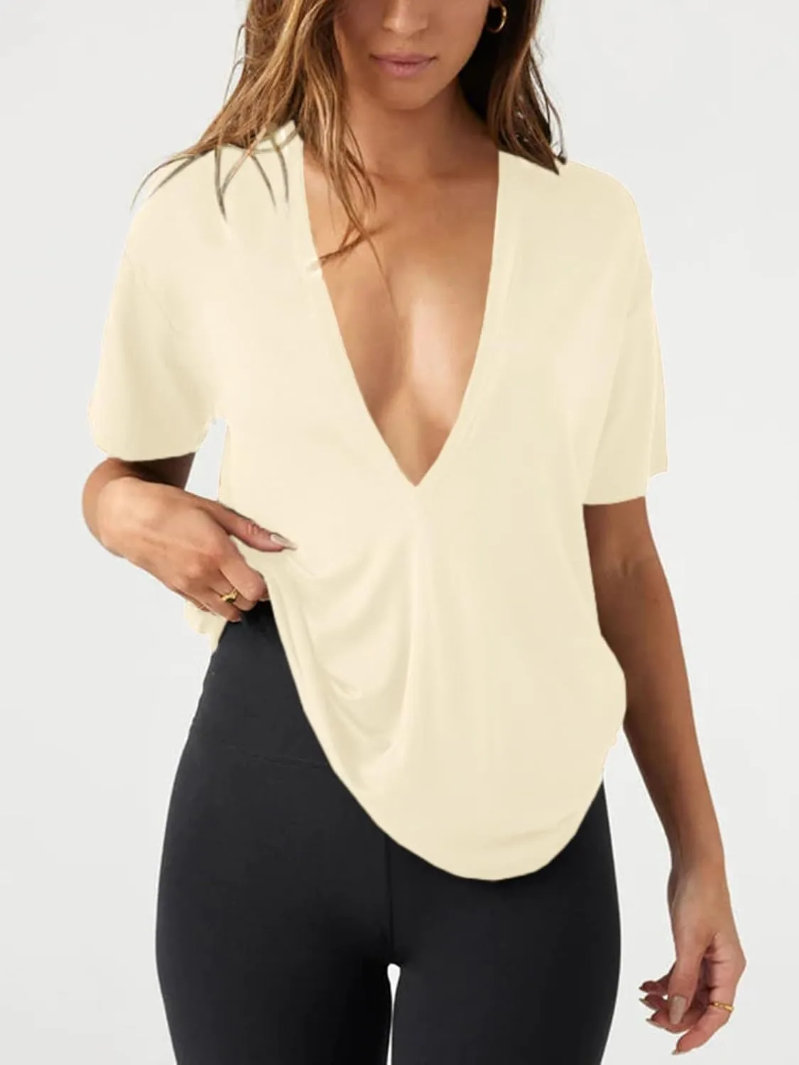 UNCLECAT Womens Deep V-Neck T Shirts Sexy Short Sleeve Tops Summer Oversized Tee