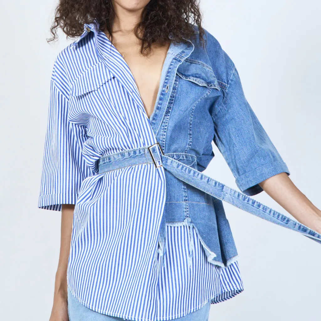 Unique half-denim half-stripe shirt wholesale
