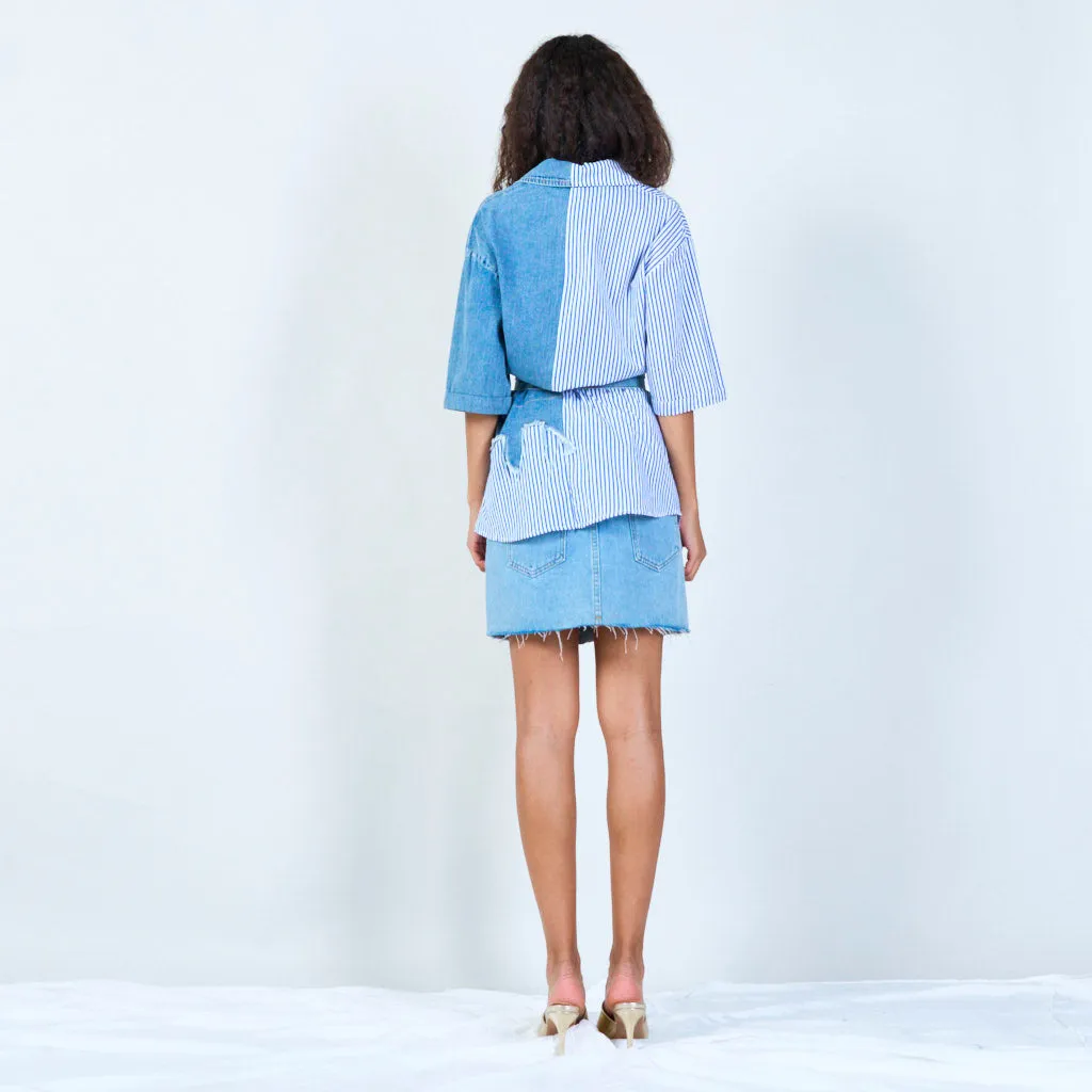 Unique half-denim half-stripe shirt wholesale