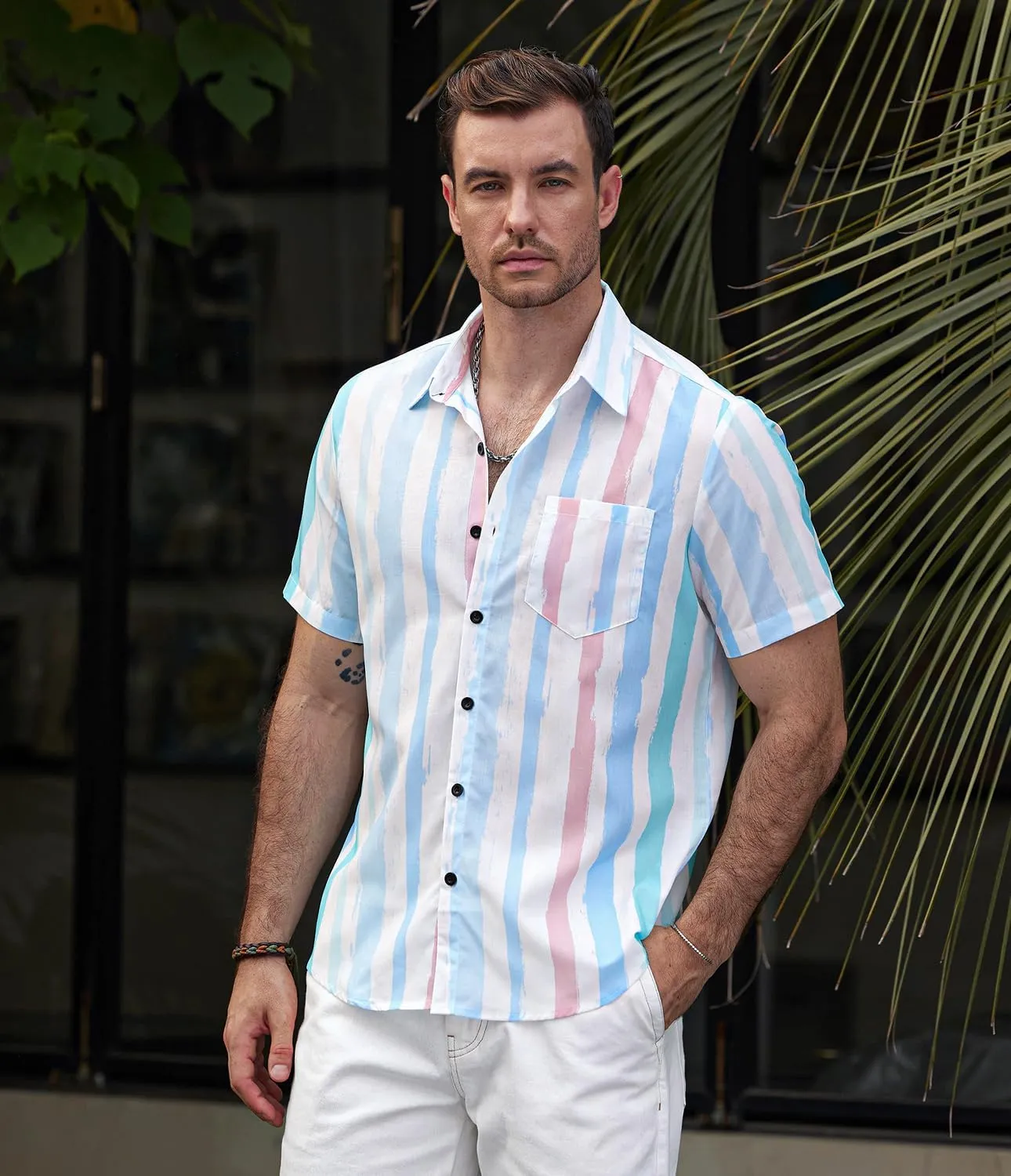 VATPAVE Mens Striped Summer Shirts Casual Button Down Short Sleeve Beach Stylish Untucked Hawaiian Shirts