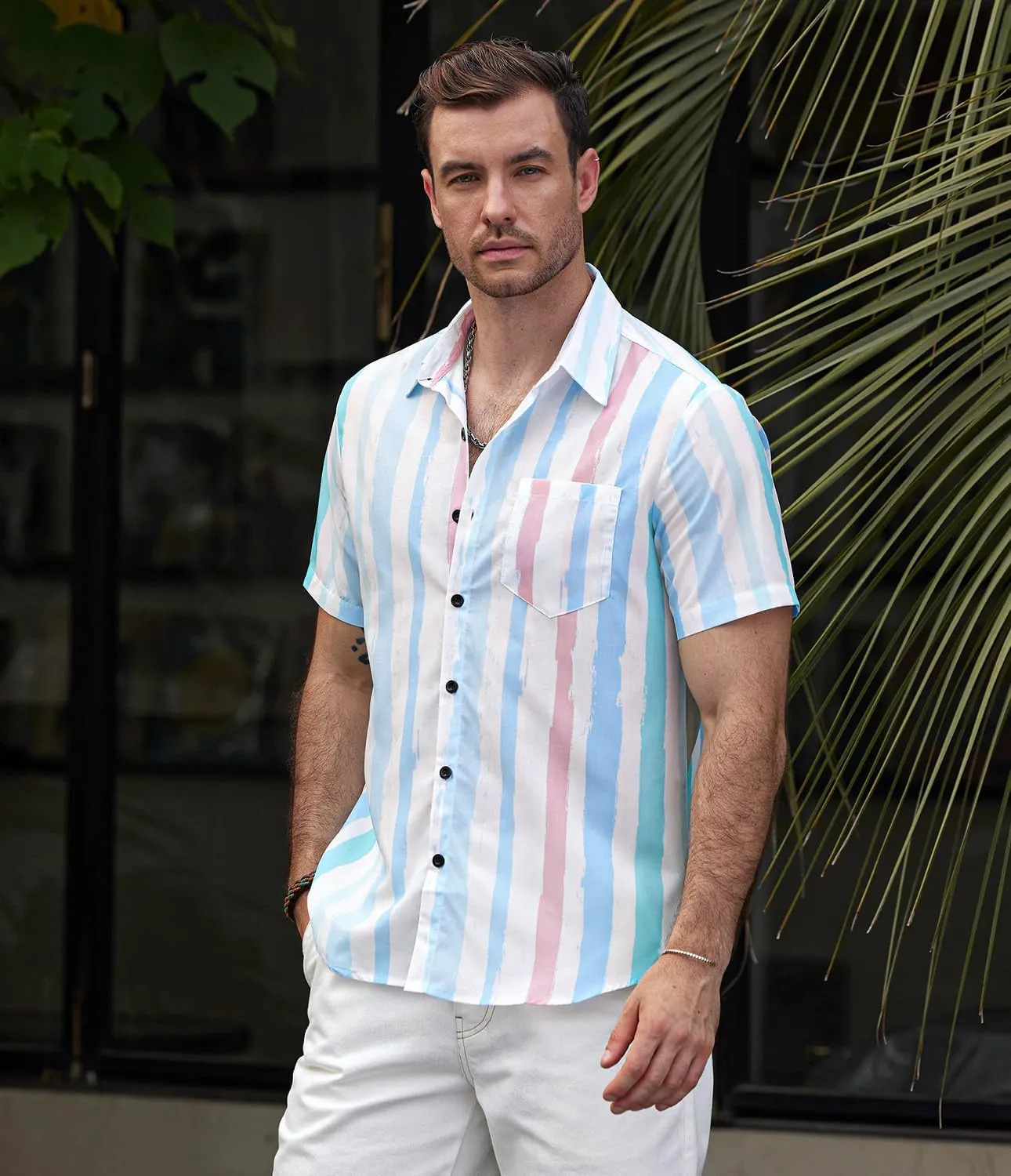 VATPAVE Mens Striped Summer Shirts Casual Button Down Short Sleeve Beach Stylish Untucked Hawaiian Shirts