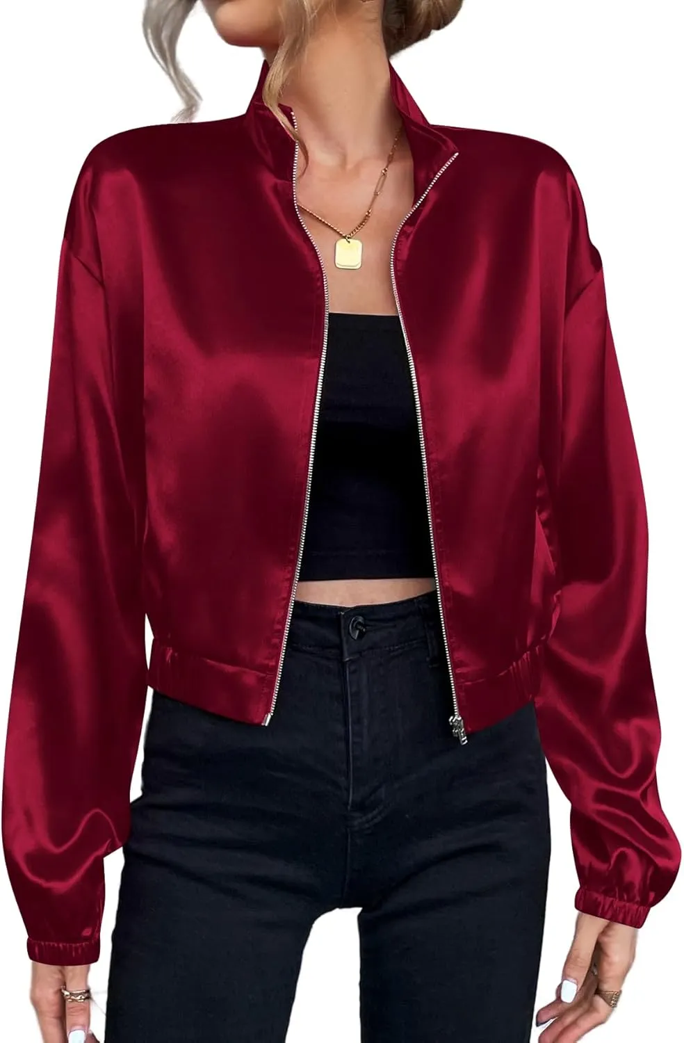 Verdusa Women's Bomber Satin Lightweight Jacket Drop Shoulder Long Sleeve Zip Up Outerwear
