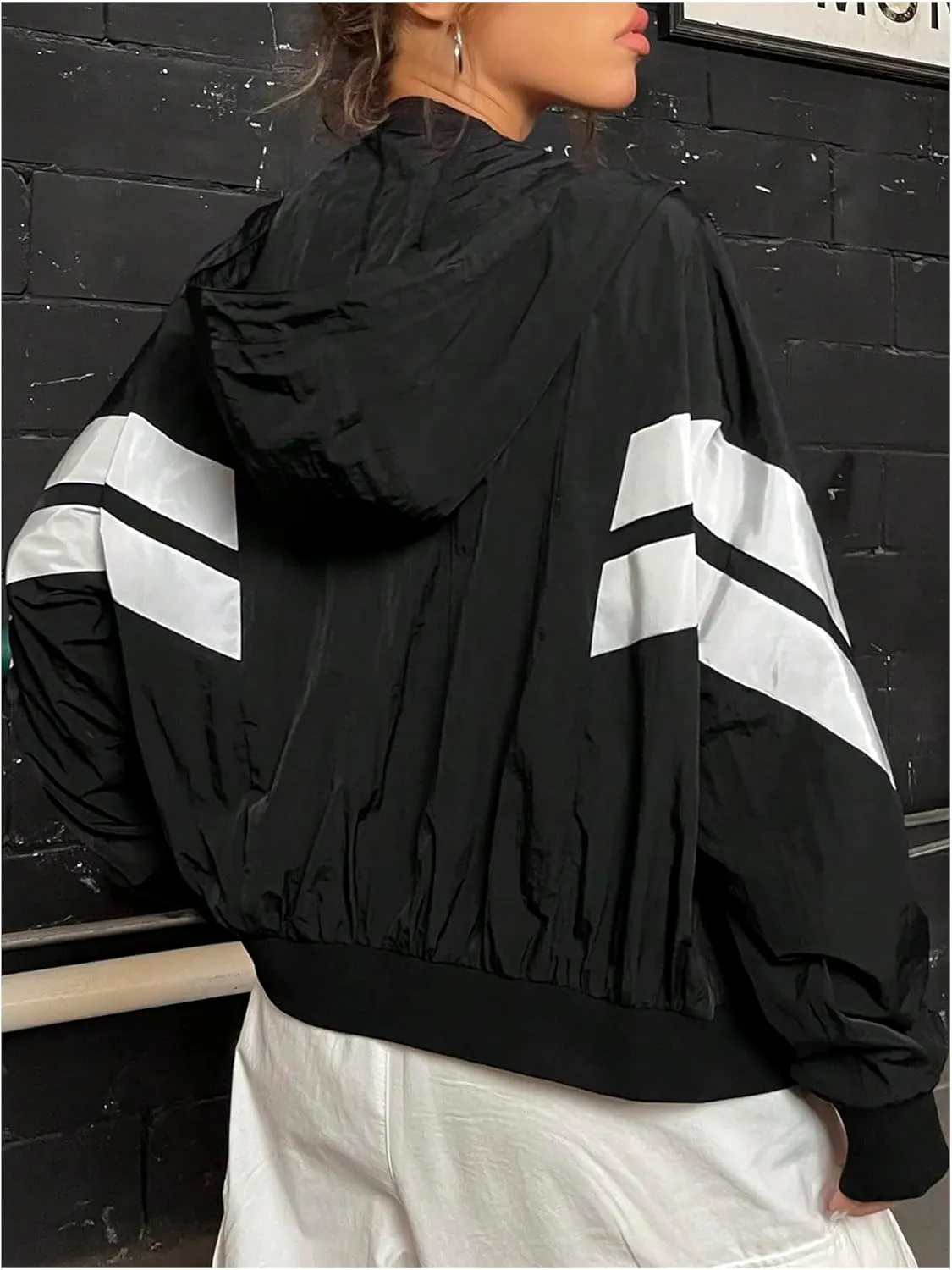 Verdusa Women's Color Block Zip Up Hooded Jacket Outerwear Loose Windbreaker Jackets
