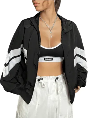 Verdusa Women's Color Block Zip Up Hooded Jacket Outerwear Loose Windbreaker Jackets