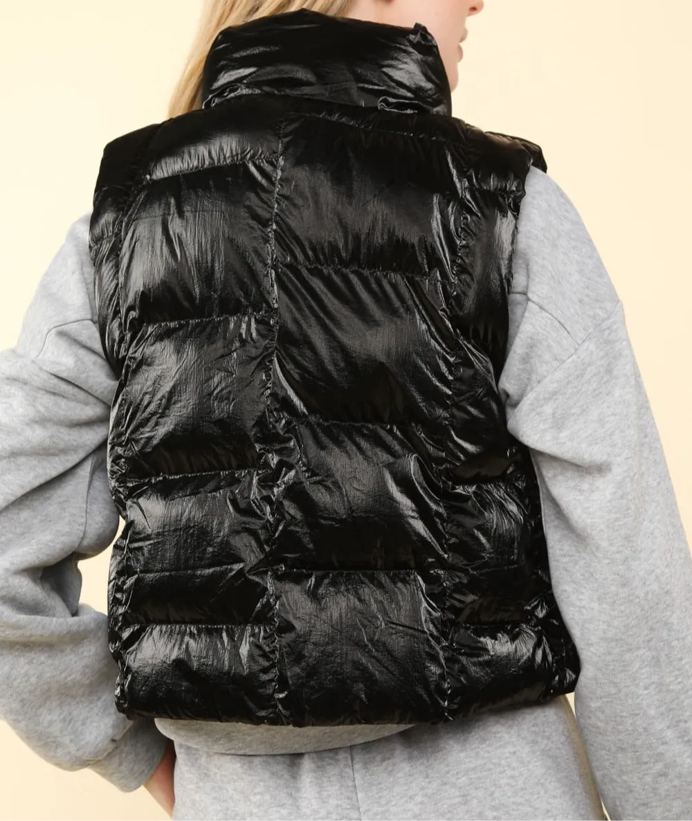 VERY J Shiny Metallic Zip Up Puffer Vest