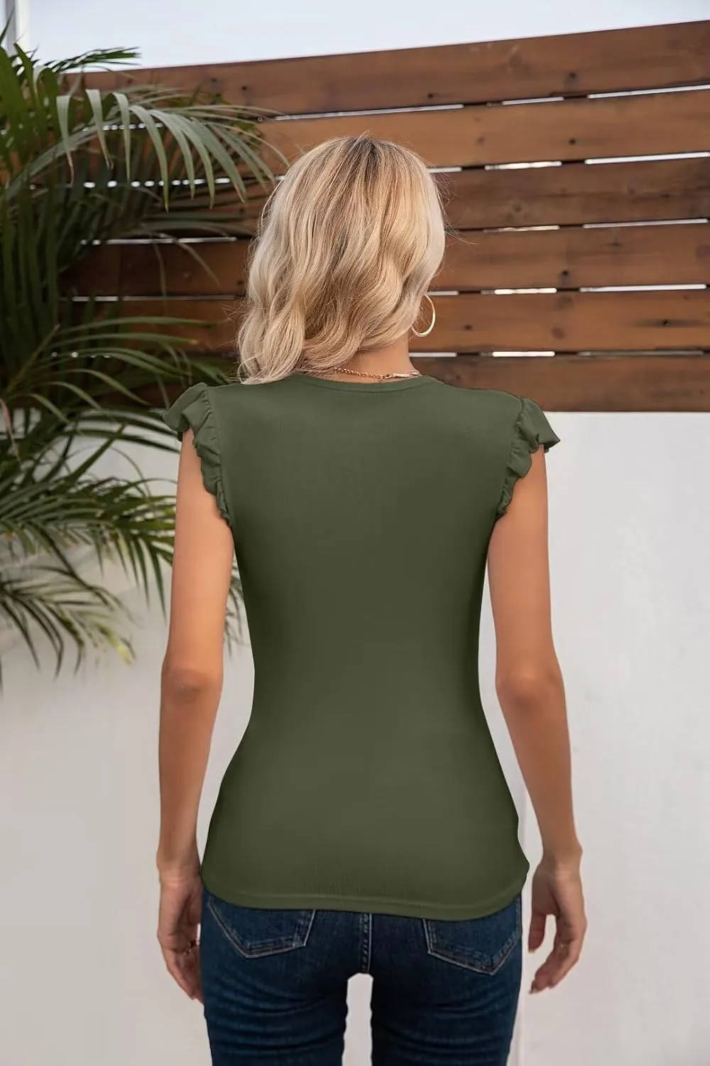 VICHYIE Summer Womens Shirt Short Ruffle Sleeve V Neck/Round Neck Ribbed Casual Tshirt Fitted Tops Blouses
