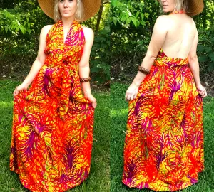 Vintage 70s | Psychedelic Day Glo Hawaiian Bohemian Hippie Maxi Festival Dress S
