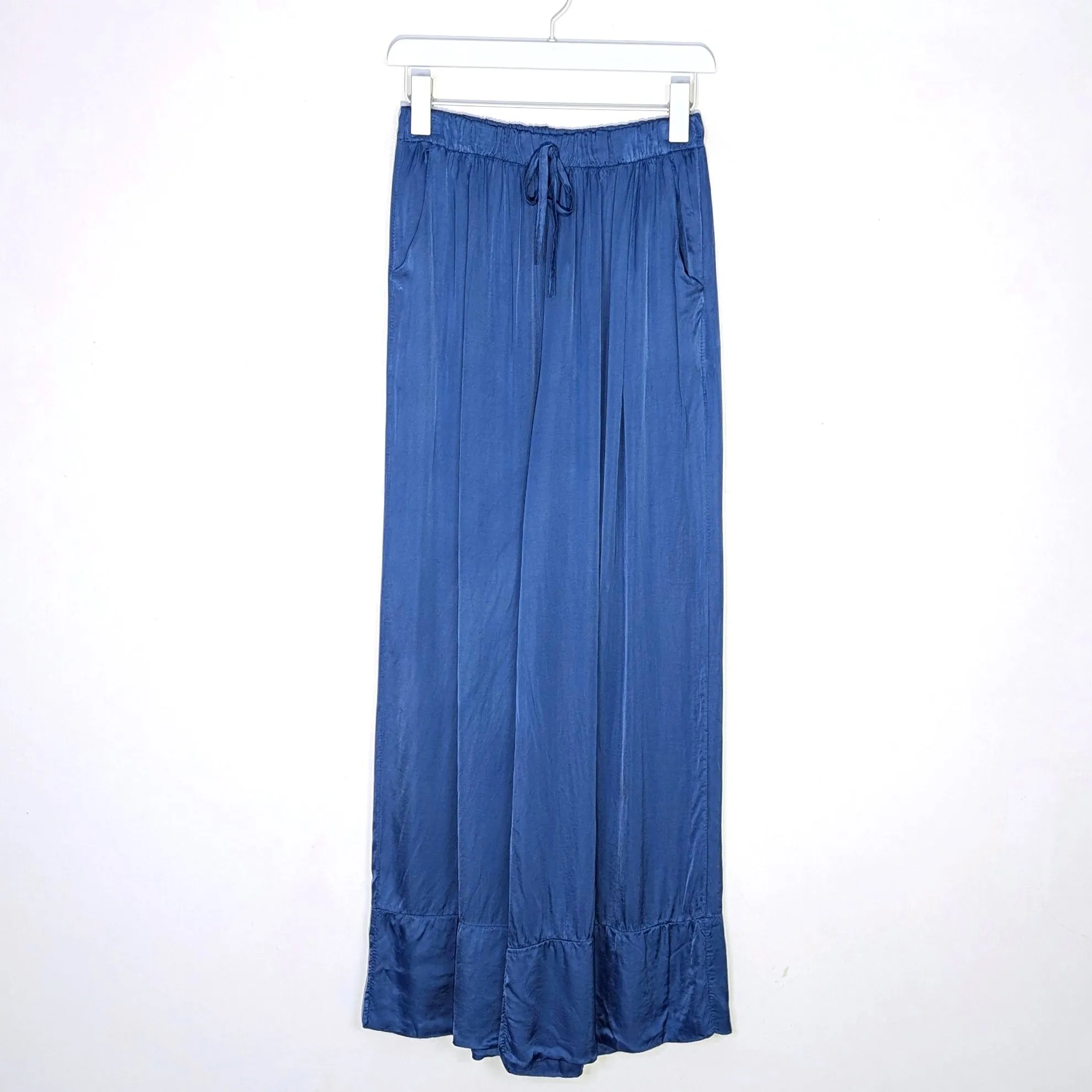 Viscose satin feel straight leg pants with lower panel stitching detail and pockets