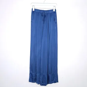 Viscose satin feel straight leg pants with lower panel stitching detail and pockets