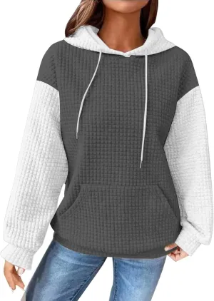 Waffle Hoodies for Women Oversized Hooded Sweatshirts Long Sleeve Color Block Pullover Tops with Pocket
