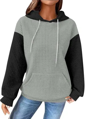 Waffle Hoodies for Women Oversized Hooded Sweatshirts Long Sleeve Color Block Pullover Tops with Pocket