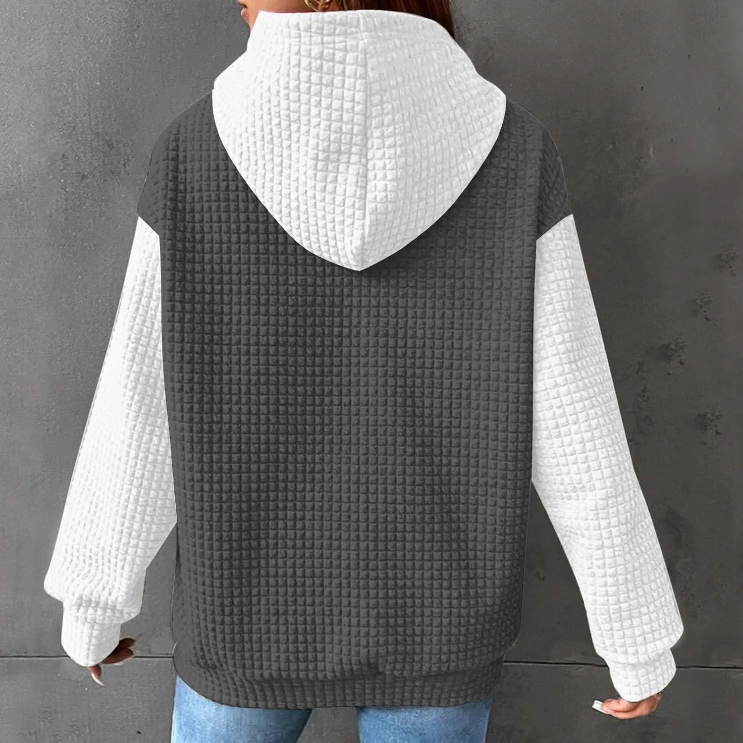 Waffle Hoodies for Women Oversized Hooded Sweatshirts Long Sleeve Color Block Pullover Tops with Pocket
