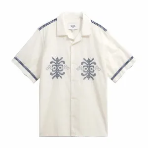 Wax London Didcot Tablecloth Motif Embroidered Short-Sleeve Shirt (Ecru/Blue)