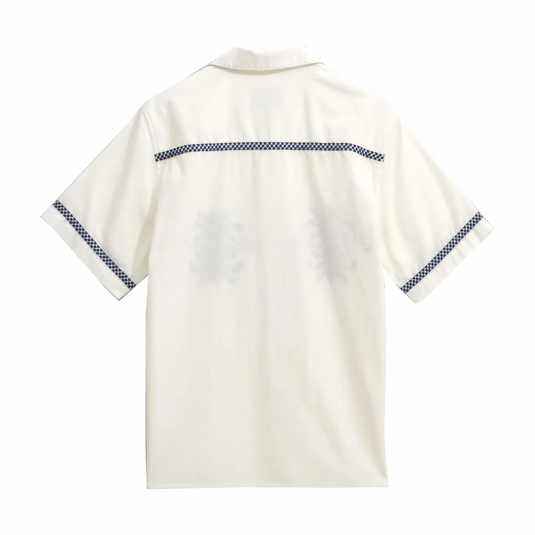Wax London Didcot Tablecloth Motif Embroidered Short-Sleeve Shirt (Ecru/Blue)