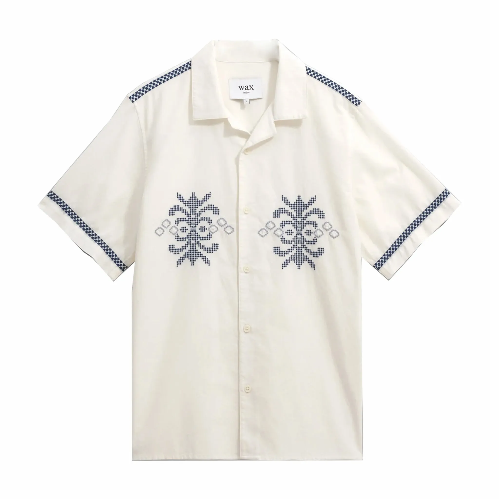 Wax London Didcot Tablecloth Motif Embroidered Short-Sleeve Shirt (Ecru/Blue)