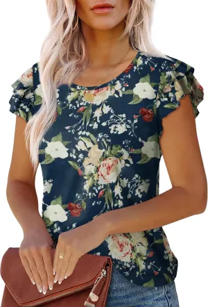 WEESO Womens T Shirts Ruffle Short Sleeve Summer Tops Cute Crew Neck Casual Blouses