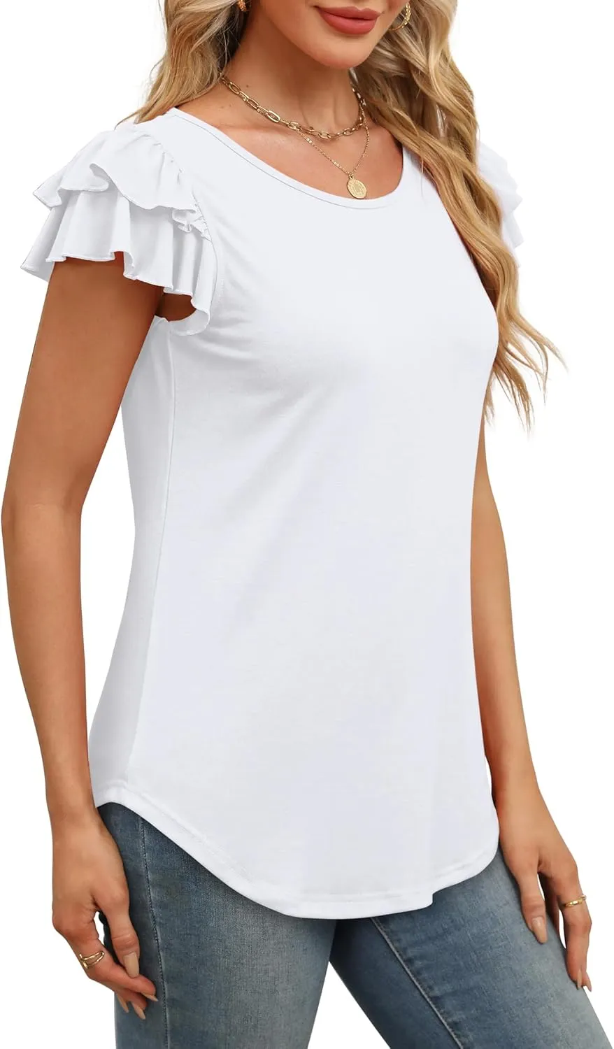 WEESO Womens T Shirts Ruffle Short Sleeve Summer Tops Cute Crew Neck Casual Blouses