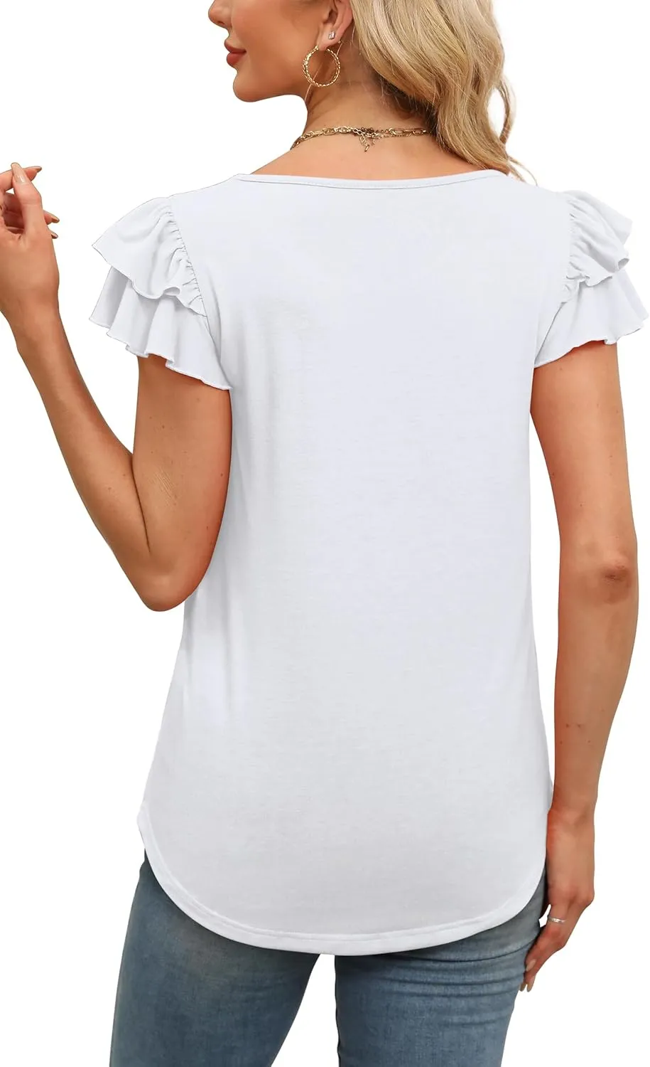 WEESO Womens T Shirts Ruffle Short Sleeve Summer Tops Cute Crew Neck Casual Blouses