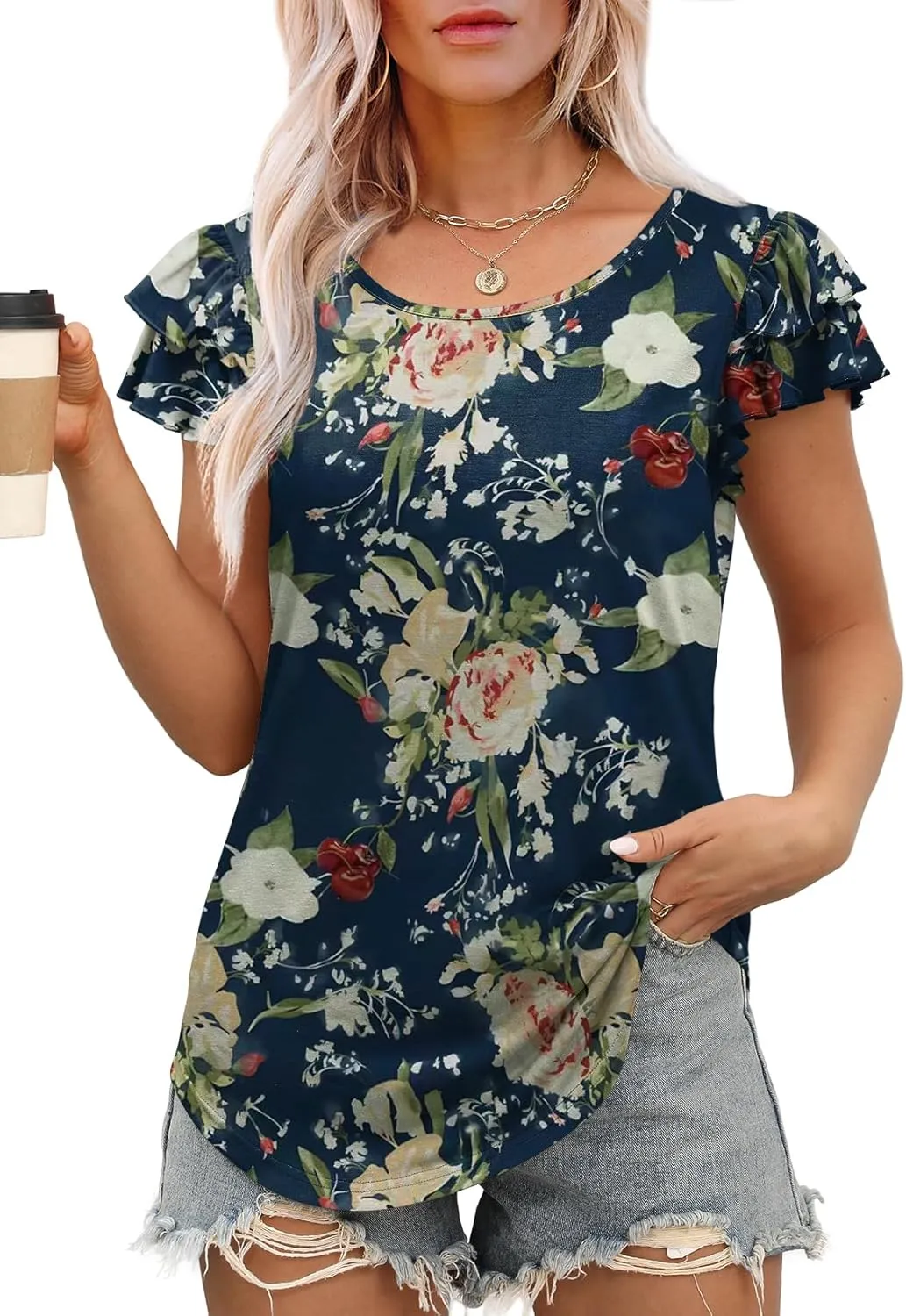 WEESO Womens T Shirts Ruffle Short Sleeve Summer Tops Cute Crew Neck Casual Blouses