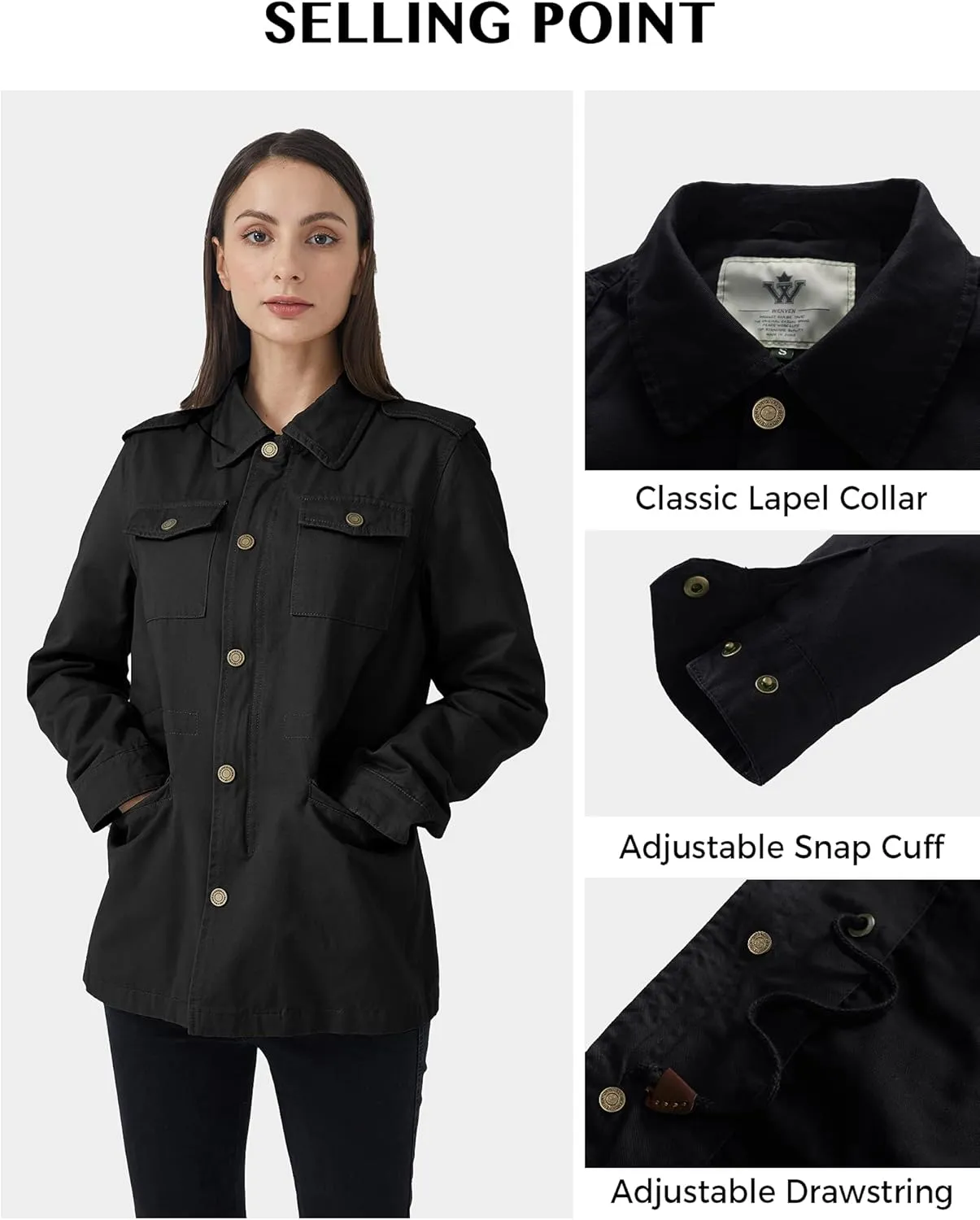 WenVen Women's Lightweight Canvas Cotton Military Jacket Utility Lapel Anorak