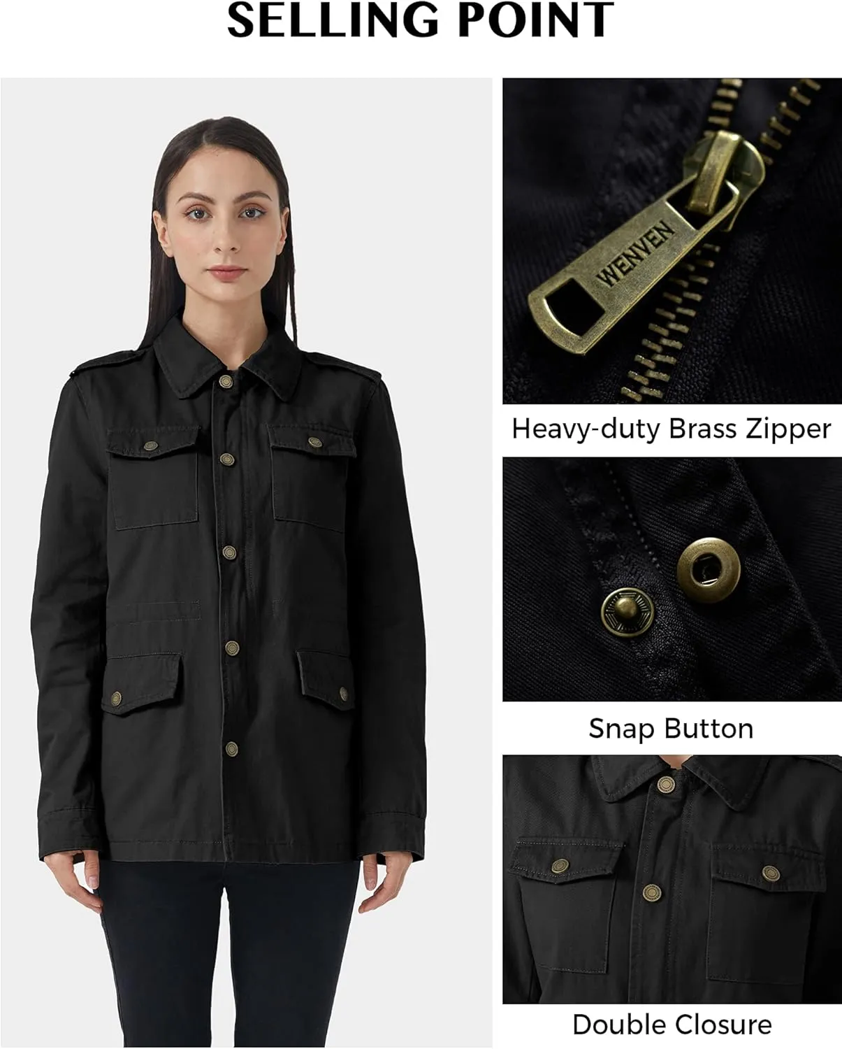 WenVen Women's Lightweight Canvas Cotton Military Jacket Utility Lapel Anorak