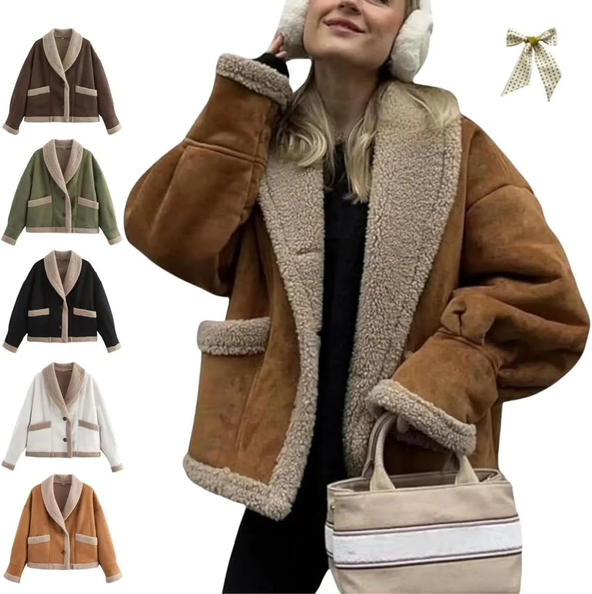 Winter Casual Faux Suede Leather Jacket,Womens Fashion Lapel Button Fleece Lined Thicked Aviator Cropped Overcoat with Pocket