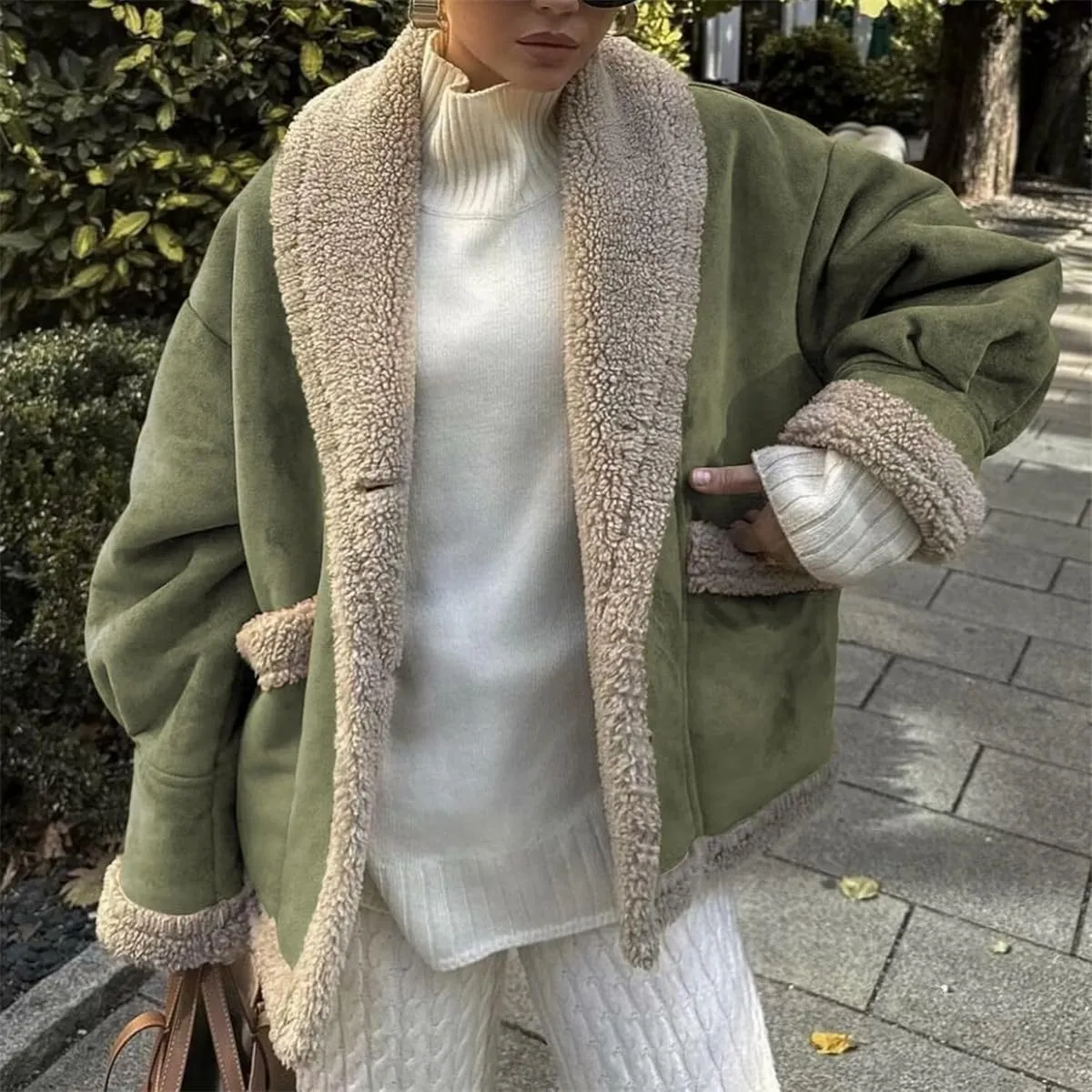 Winter Casual Faux Suede Leather Jacket,Womens Fashion Lapel Button Fleece Lined Thicked Aviator Cropped Overcoat with Pocket