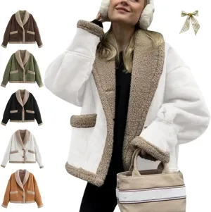 Winter Casual Faux Suede Leather Jacket,Womens Fashion Lapel Button Fleece Lined Thicked Aviator Cropped Overcoat with Pocket