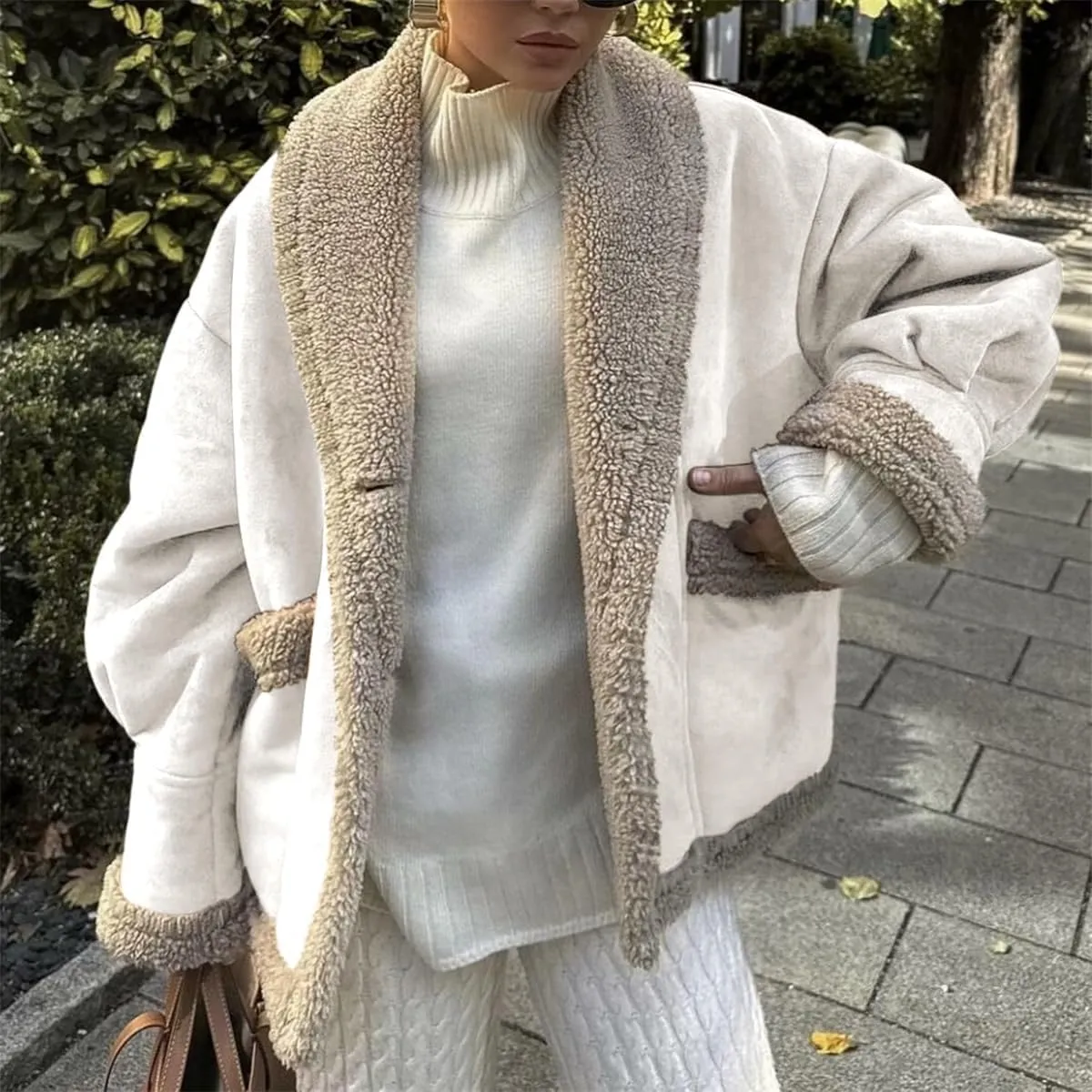 Winter Casual Faux Suede Leather Jacket,Womens Fashion Lapel Button Fleece Lined Thicked Aviator Cropped Overcoat with Pocket