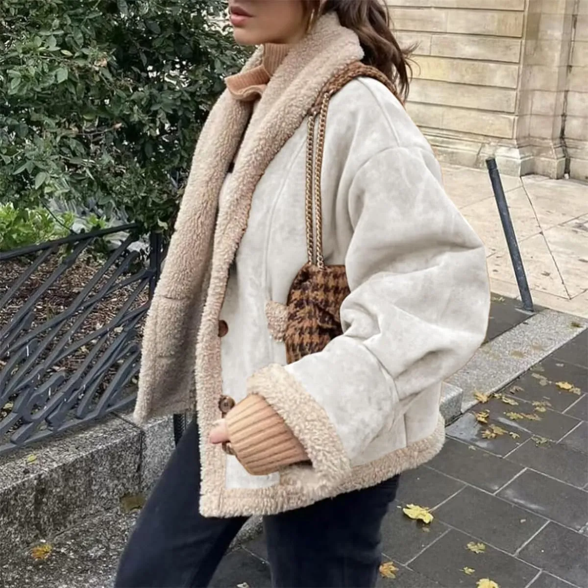 Winter Casual Faux Suede Leather Jacket,Womens Fashion Lapel Button Fleece Lined Thicked Aviator Cropped Overcoat with Pocket