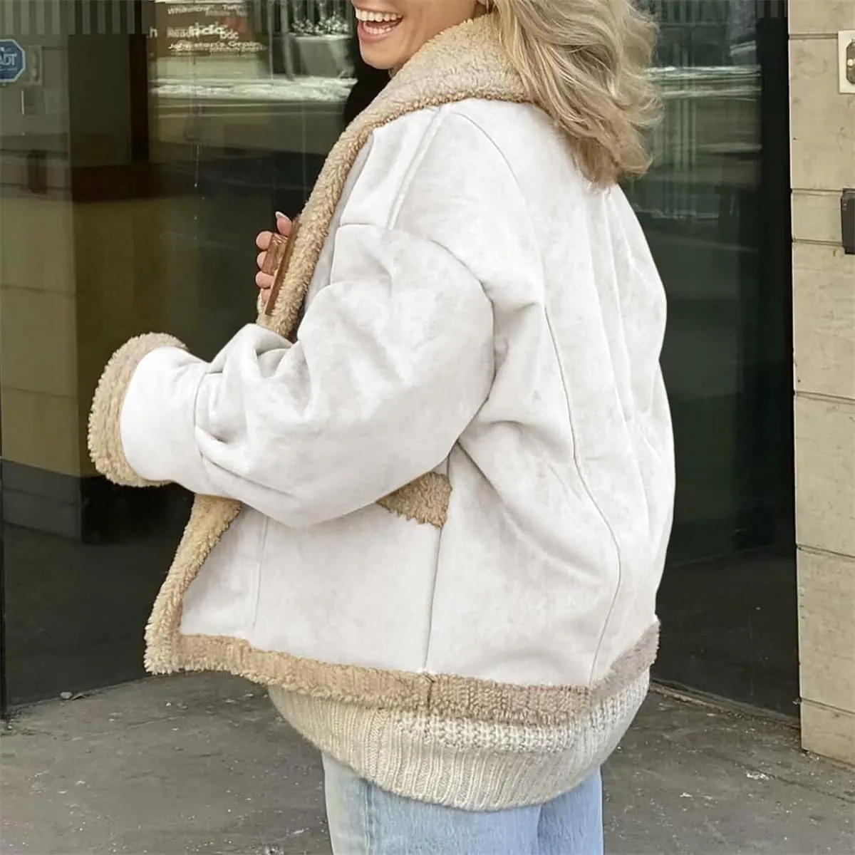 Winter Casual Faux Suede Leather Jacket,Womens Fashion Lapel Button Fleece Lined Thicked Aviator Cropped Overcoat with Pocket