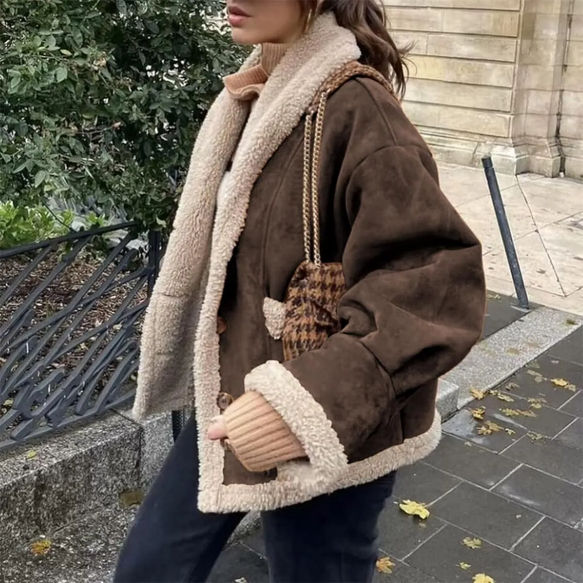 Winter Casual Faux Suede Leather Jacket,Womens Fashion Lapel Button Fleece Lined Thicked Aviator Cropped Overcoat with Pocket