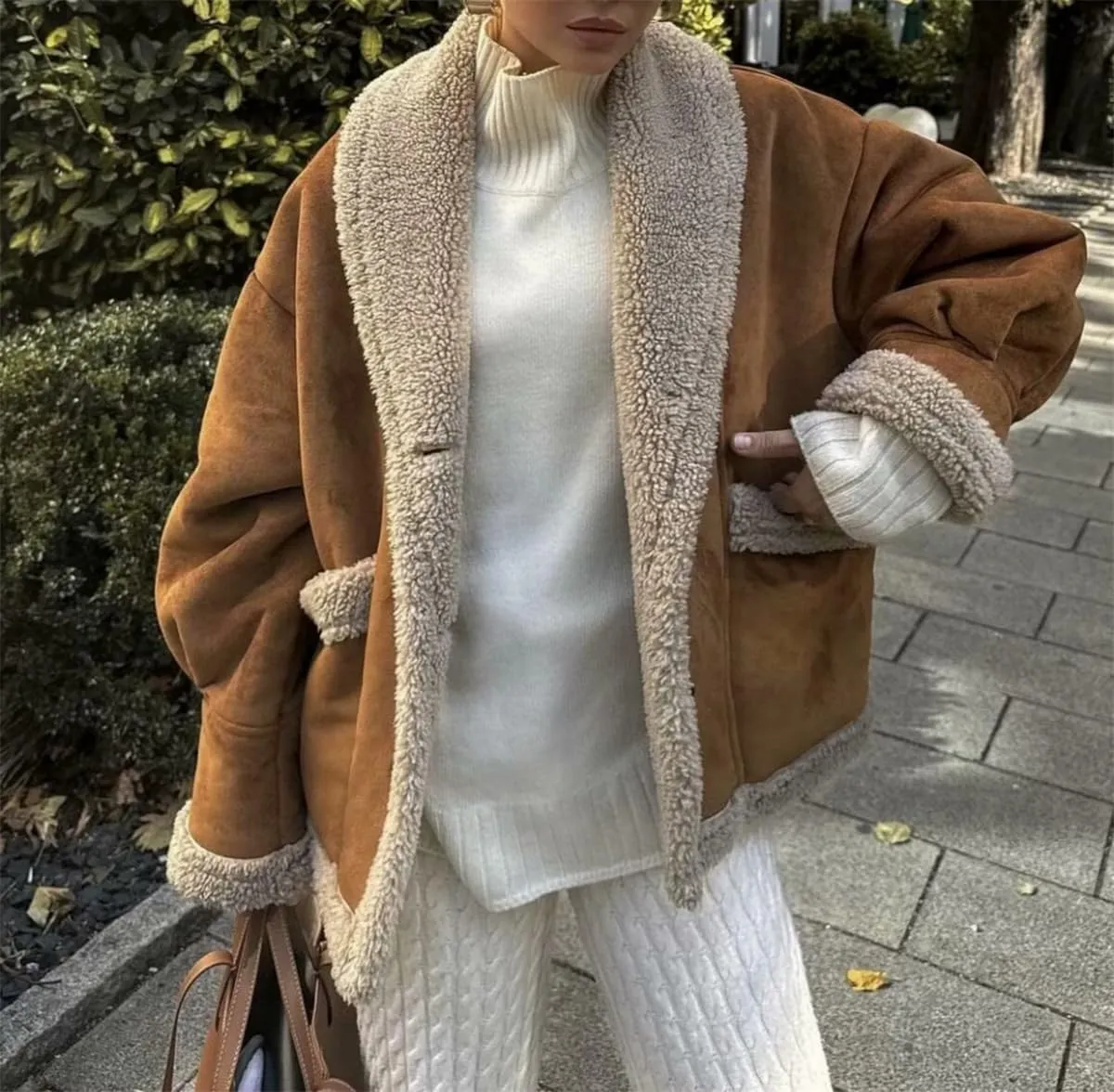 Winter Casual Faux Suede Leather Jacket,Womens Fashion Lapel Button Fleece Lined Thicked Aviator Cropped Overcoat with Pocket
