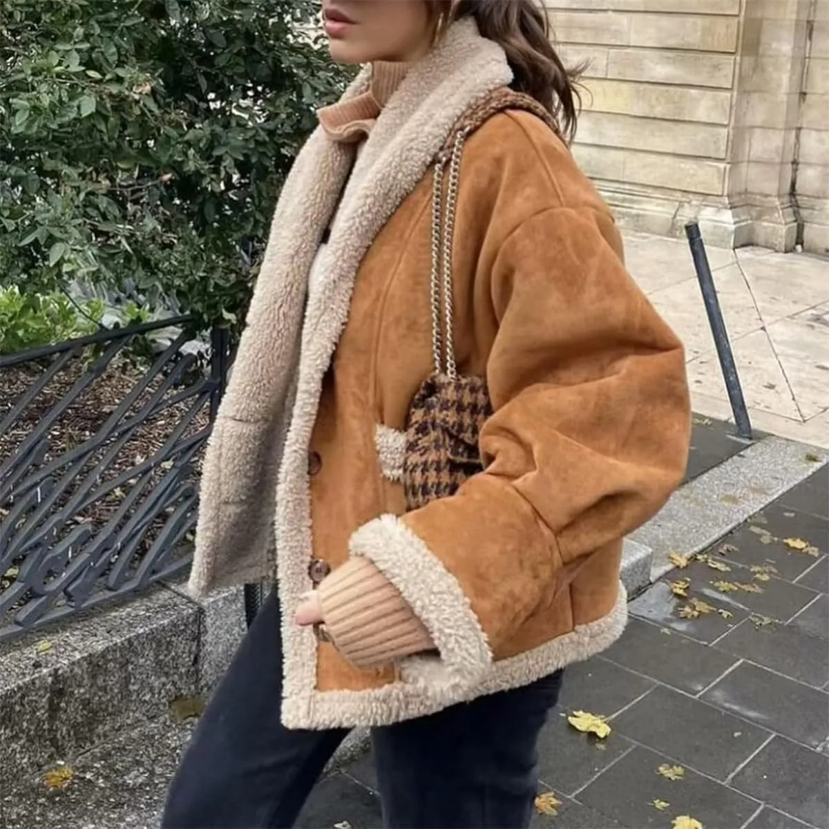 Winter Casual Faux Suede Leather Jacket,Womens Fashion Lapel Button Fleece Lined Thicked Aviator Cropped Overcoat with Pocket