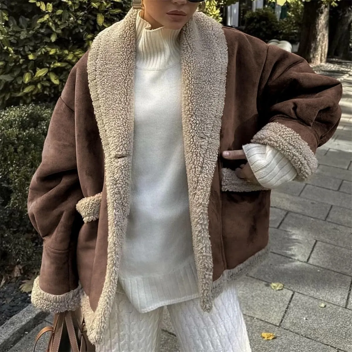 Winter Casual Faux Suede Leather Jacket,Womens Fashion Lapel Button Fleece Lined Thicked Aviator Cropped Overcoat with Pocket