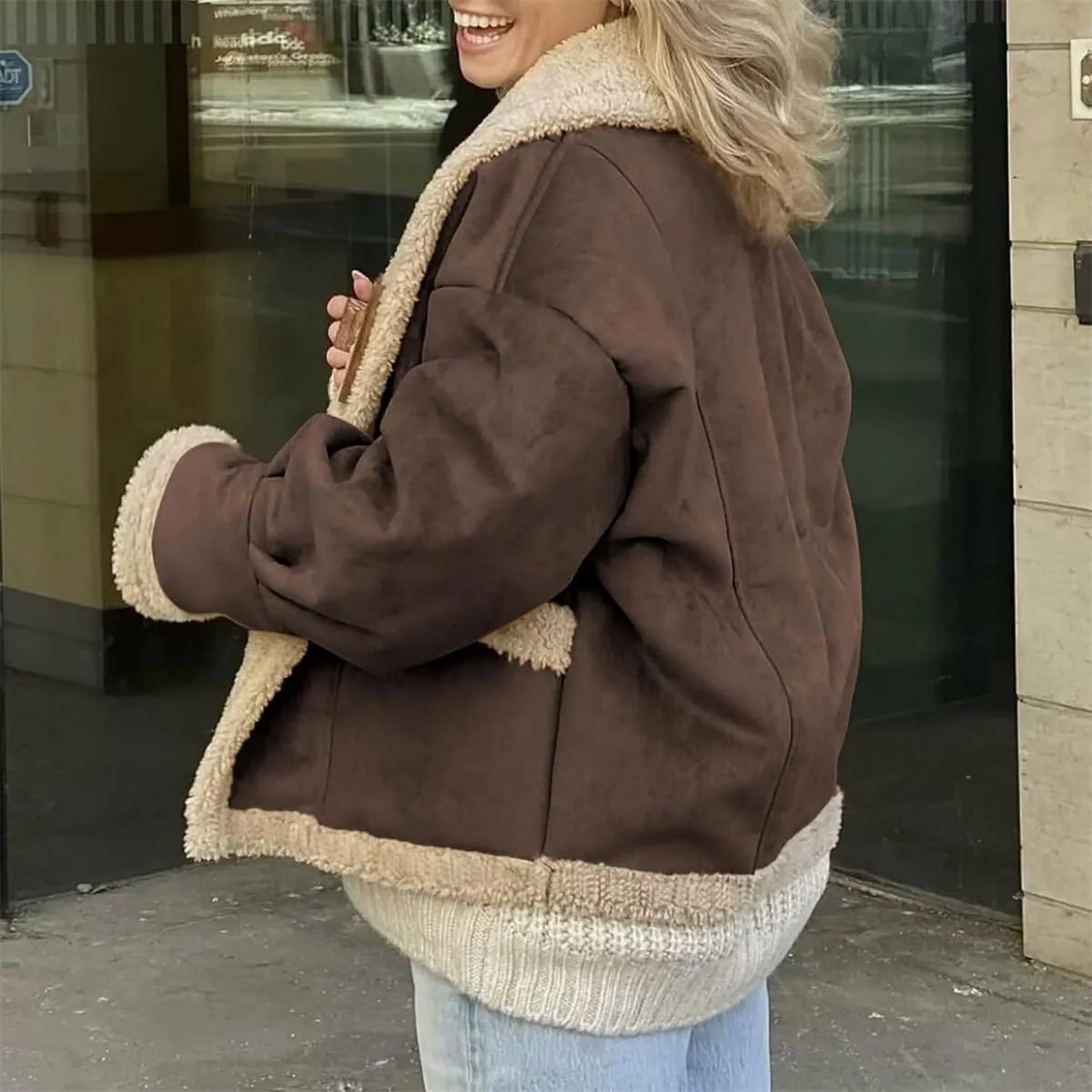 Winter Casual Faux Suede Leather Jacket,Womens Fashion Lapel Button Fleece Lined Thicked Aviator Cropped Overcoat with Pocket