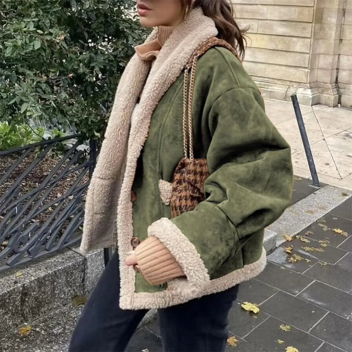 Winter Casual Faux Suede Leather Jacket,Womens Fashion Lapel Button Fleece Lined Thicked Aviator Cropped Overcoat with Pocket