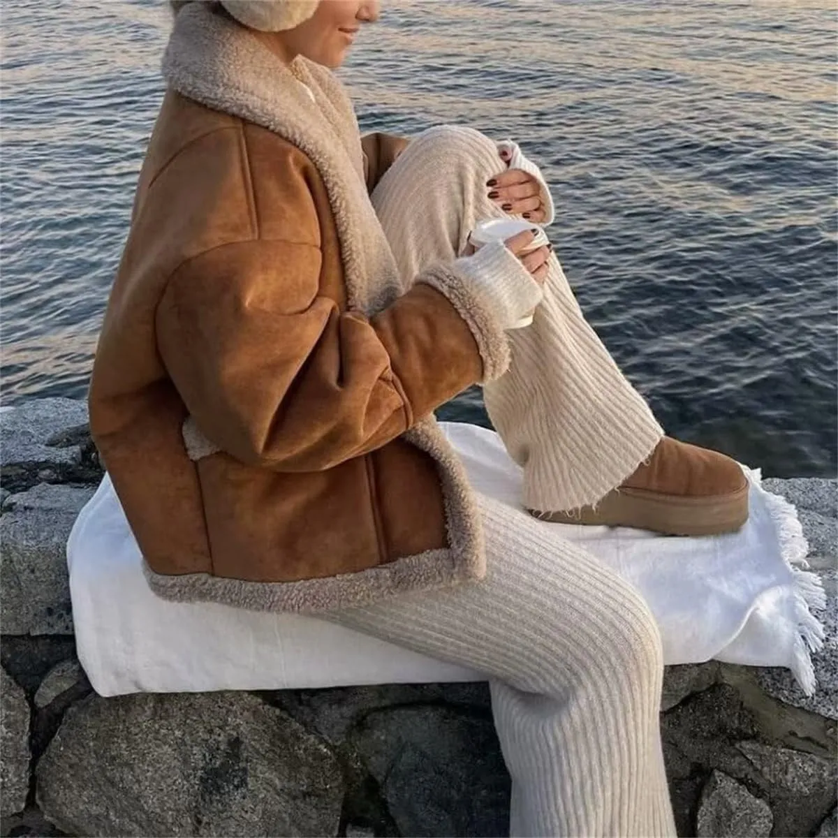Winter Casual Faux Suede Leather Jacket,Womens Fashion Lapel Button Fleece Lined Thicked Aviator Cropped Overcoat with Pocket