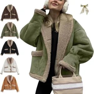 Winter Casual Faux Suede Leather Jacket,Womens Fashion Lapel Button Fleece Lined Thicked Aviator Cropped Overcoat with Pocket