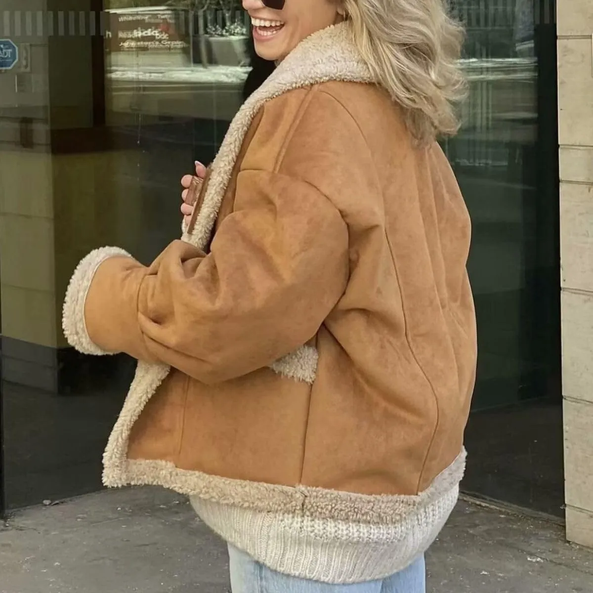 Winter Casual Faux Suede Leather Jacket,Womens Fashion Lapel Button Fleece Lined Thicked Aviator Cropped Overcoat with Pocket