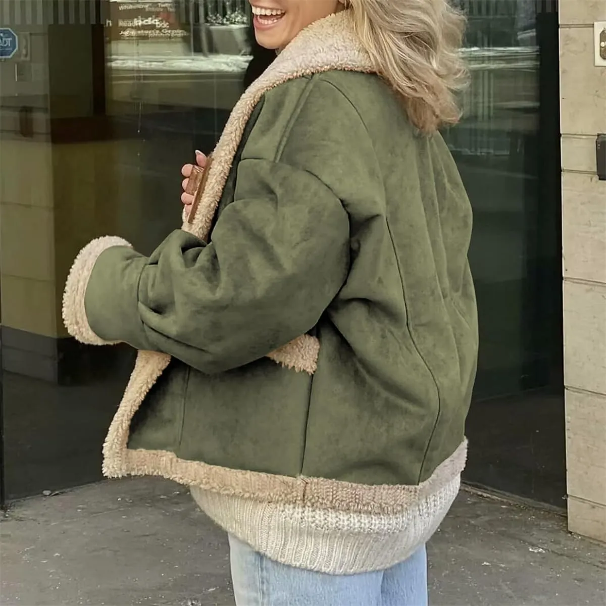 Winter Casual Faux Suede Leather Jacket,Womens Fashion Lapel Button Fleece Lined Thicked Aviator Cropped Overcoat with Pocket