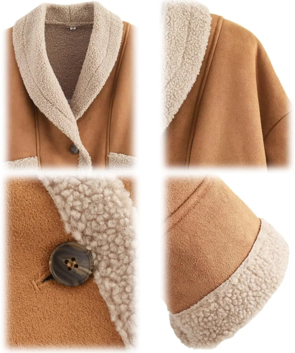 Winter Casual Faux Suede Leather Jacket,Womens Fashion Lapel Button Fleece Lined Thicked Aviator Cropped Overcoat with Pocket