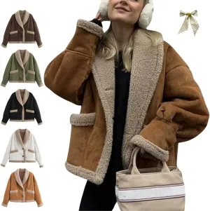 Winter Casual Faux Suede Leather Jacket,Womens Fashion Lapel Button Fleece Lined Thicked Aviator Cropped Overcoat with Pocket