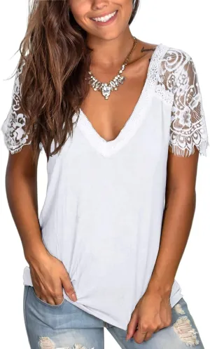 WMZCYXY Womens Lace Short Sleeve Tops V Neck Summer T Shirt Dressy Casual Blouses