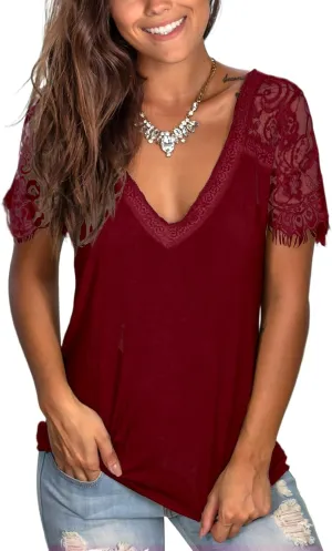 WMZCYXY Womens Lace Short Sleeve Tops V Neck Summer T Shirt Dressy Casual Blouses