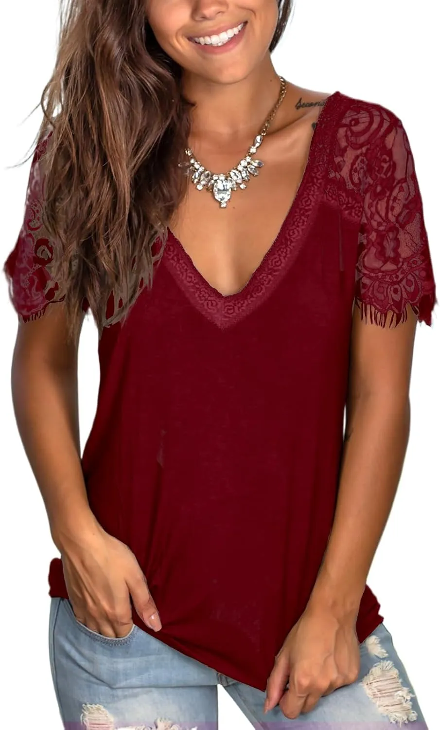 WMZCYXY Womens Lace Short Sleeve Tops V Neck Summer T Shirt Dressy Casual Blouses