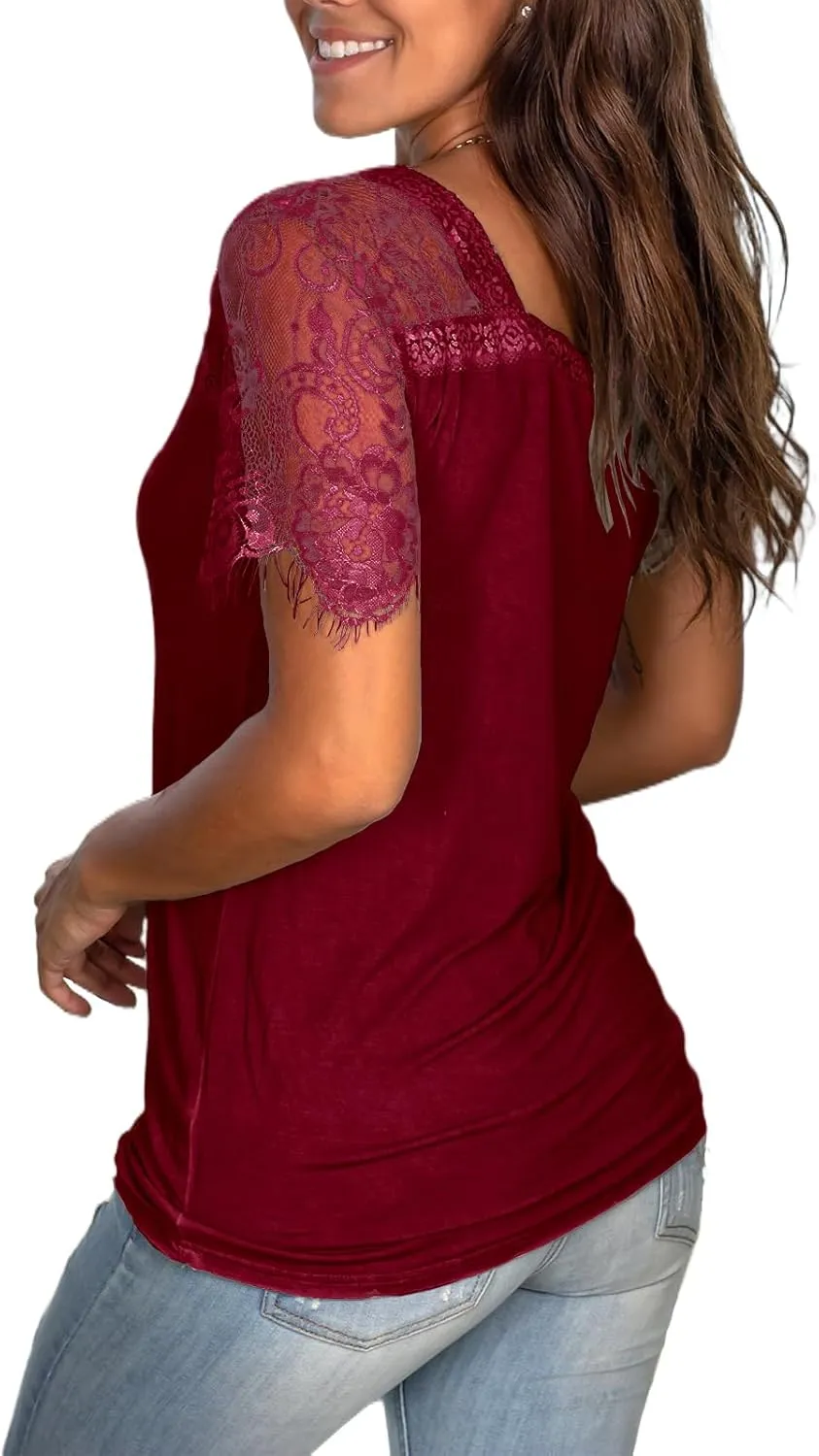WMZCYXY Womens Lace Short Sleeve Tops V Neck Summer T Shirt Dressy Casual Blouses