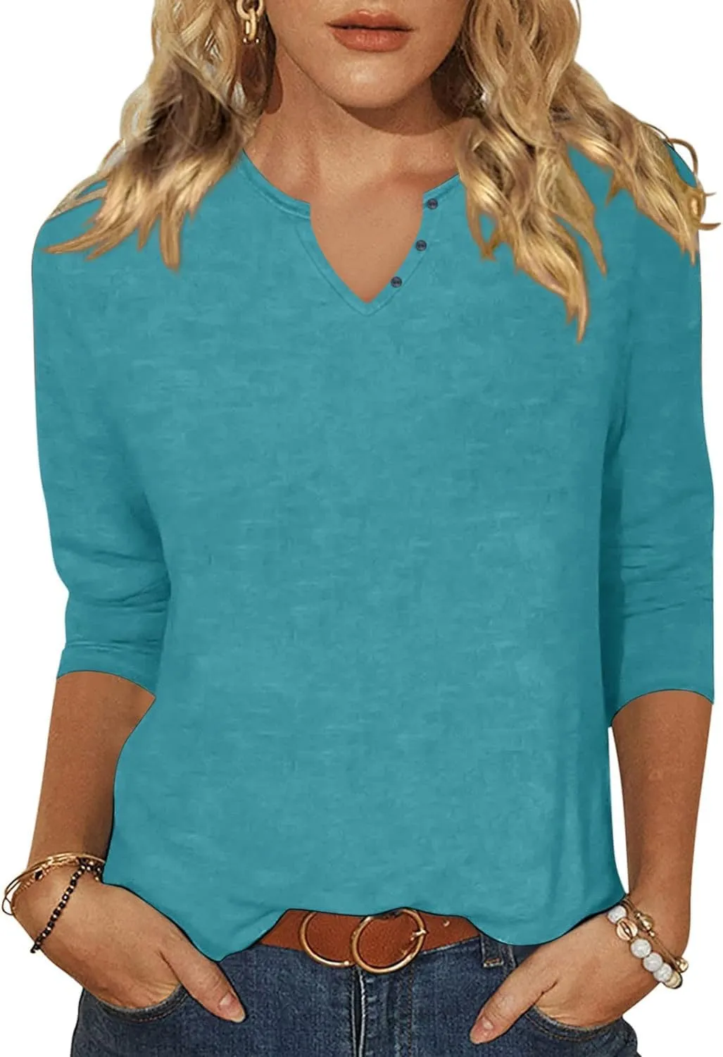Woffccrd Womens Casual 3/4 Sleeve T-Shirts Button V Neck Summer Tunic Tops Loose Fit Shirts Solid Basic Tops